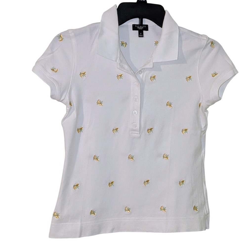Talbots Petites White Lemon Embroidered Polo Shirt Short Sleeve Cotton Stretch P